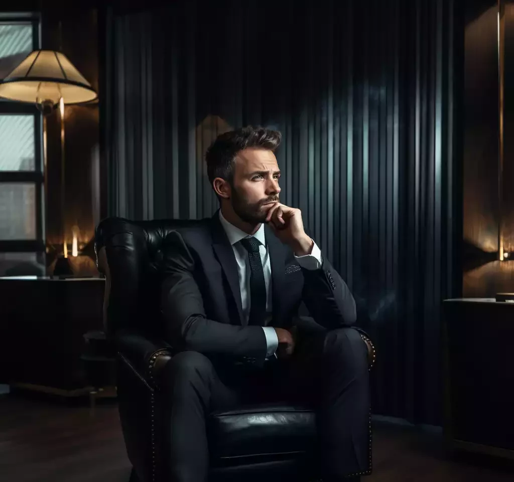 Thoughtful business man in a tailored suit, sitting in a luxurious dark office with ambient lighting.