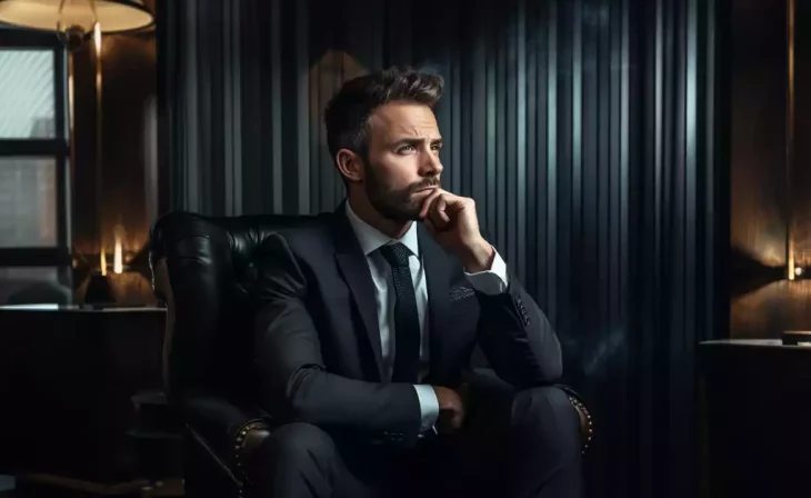 Thoughtful business man in a tailored suit, sitting in a luxurious dark office with ambient lighting.