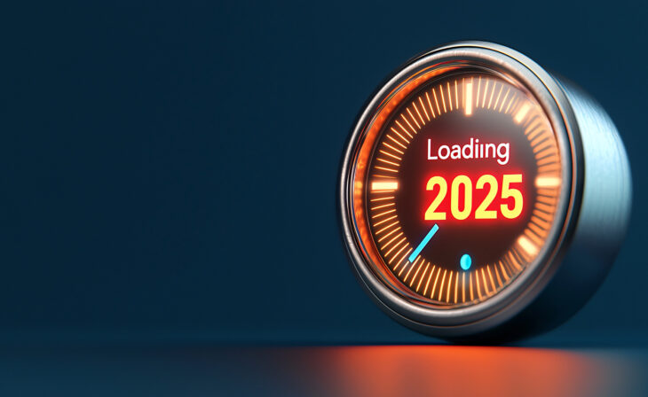 2025 is Loading! A futuristic, metallic gauge glows, anticipating the new year with vibrant energy and anticipation. Prepare for the future!