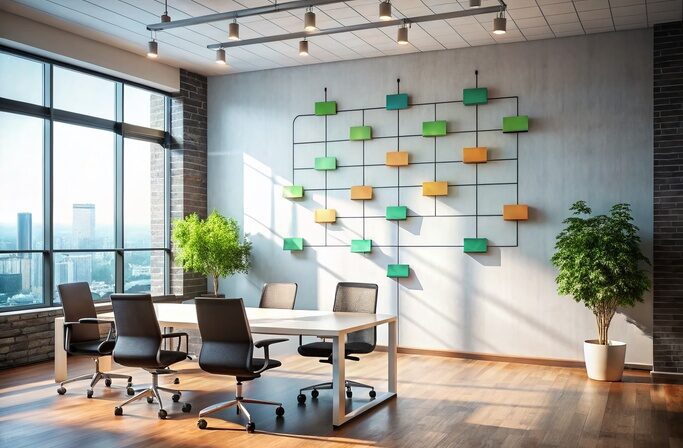 Modern Office Building Interior, Organizational Chart on Wall, Teamwork Concept